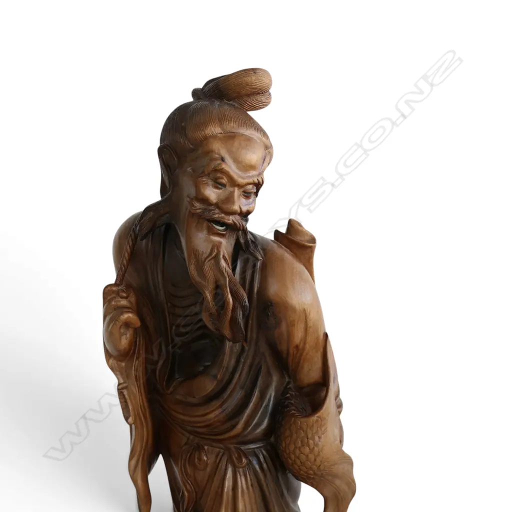 ORIENTAL FINELY CARVED WOODEN FIGURE ELDERY SAGE FISHERMAN, H.360mm Image 1++