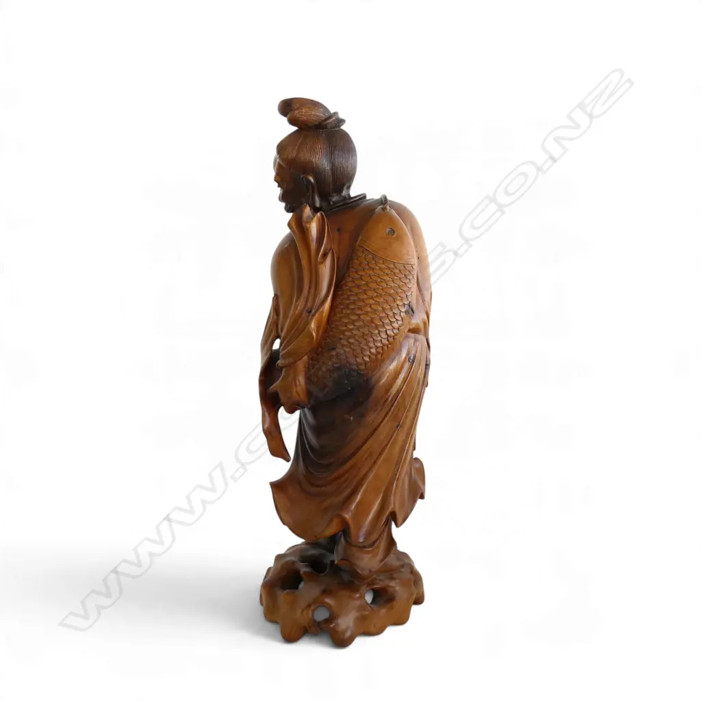 ORIENTAL FINELY CARVED WOODEN FIGURE ELDERY SAGE FISHERMAN, H.360mm Image 1++
