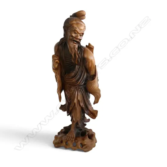 ORIENTAL FINELY CARVED WOODEN FIGURE ELDERY SAGE FISHERMAN, H.360mm