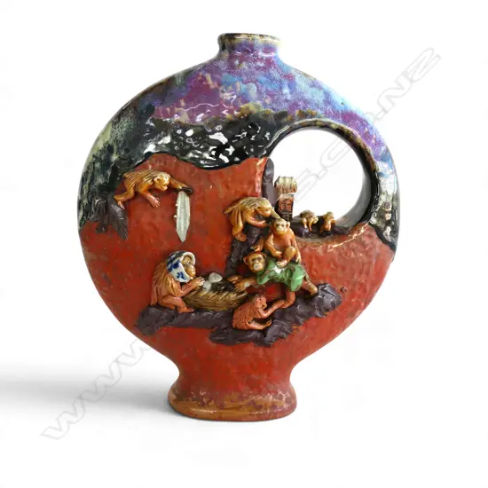 JAPANESE SUMIDA GAWA POTTERY VASE monkey mountain scene in relief H.300mm