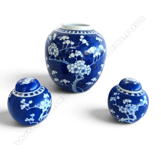 3 B/W GINGER JARS one lid missing H.180mm