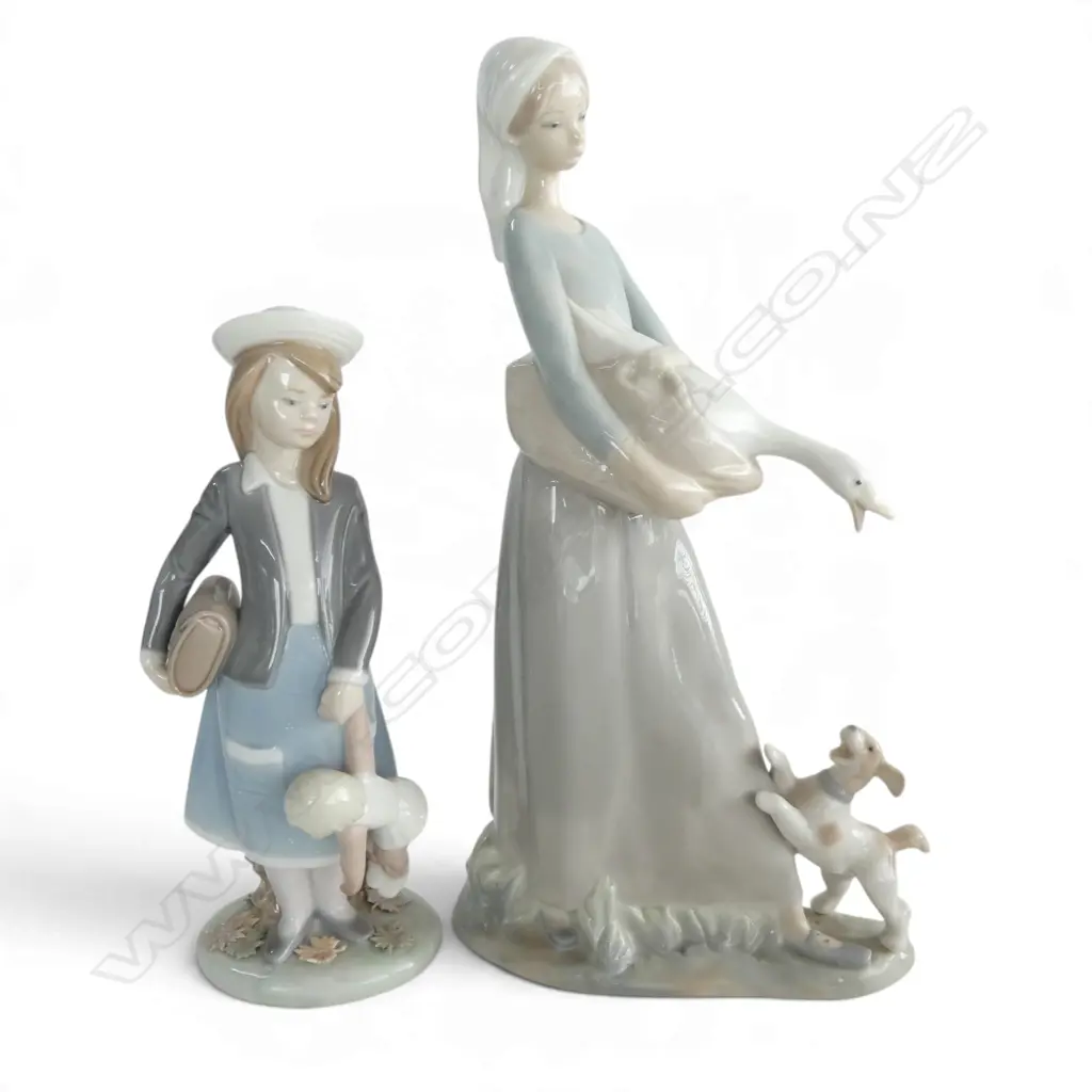 2 LLADRO; GIRL w. DOLL & SATCHEL H.200mm, WOMAN w. GOOSE & DOG H.270mm Image 1++