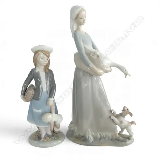 2 LLADRO; GIRL w. DOLL & SATCHEL H.200mm, WOMAN w. GOOSE & DOG H.270mm