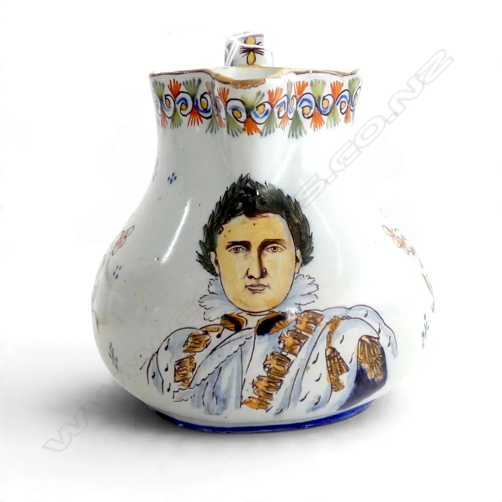 2 19thC FRENCH HANDPAINTED PORCELAN TRINKET BOXES, H.70mm & EARLY FAIENCE PORTRAIT JUG Image 1++