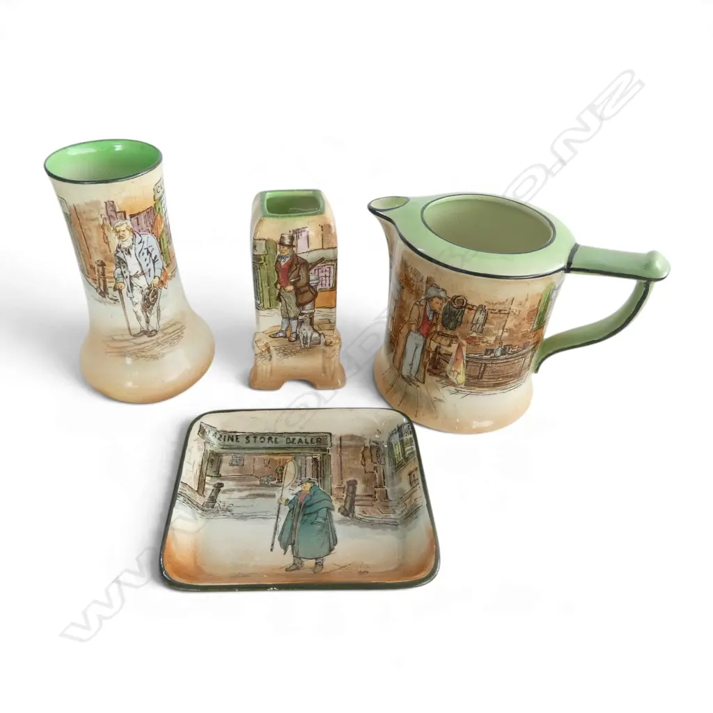 4 PCS ROYAL DOULTON DICKEN'S WARE; 2 SML VASES, DISH & MILK JUG, H.95-120mm Image 1++