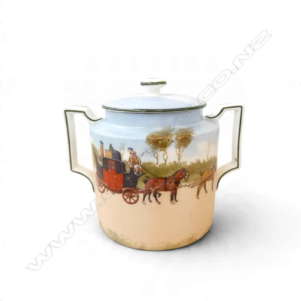 ROYAL DOULTON COACHING DAYS BLUE SKY LIDDED SUGAR BOWL, RARE COLOURWAY 1905-1906, H.110mm Image 1++