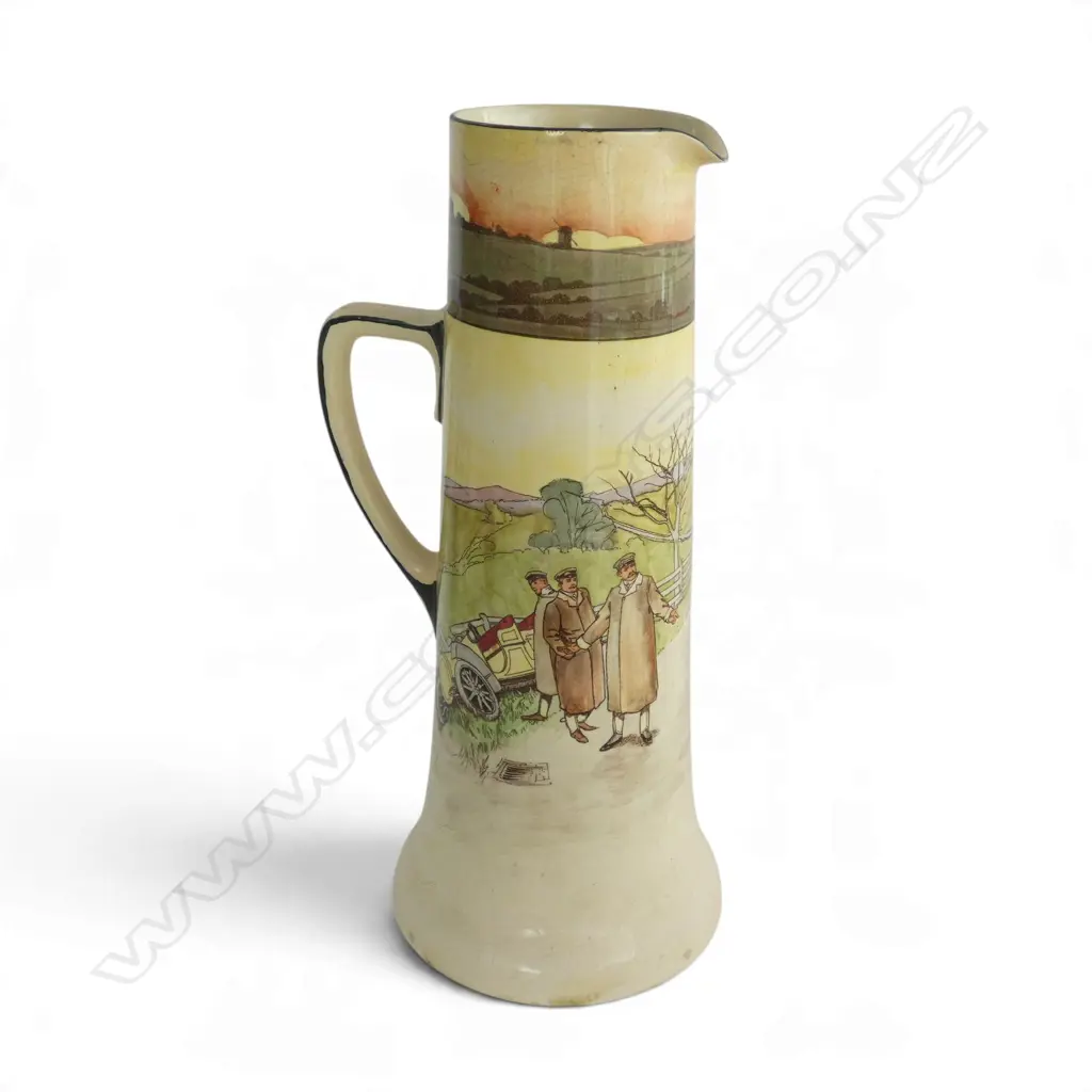 EARLY ROYAL DOULTON TALL MOTORING JUG VASE 'A HORSE A HORSE', H.380mm, darkened crazing lower half, hole in base Image 1++
