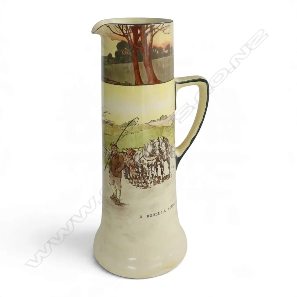 EARLY ROYAL DOULTON TALL MOTORING JUG VASE 'A HORSE A HORSE', H.380mm, darkened crazing lower half, hole in base Image 1++