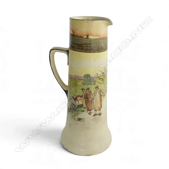 EARLY ROYAL DOULTON TALL MOTORING JUG VASE 'A HORSE A HORSE', H.380mm, darkened crazing lower half, hole in base