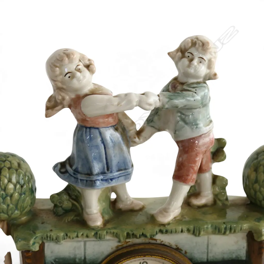 HAND PAINTED GERMAN CERAMIC MANTEL CLOCK WITH DANCING CHILDREN, 180 X 170MM Image 1++