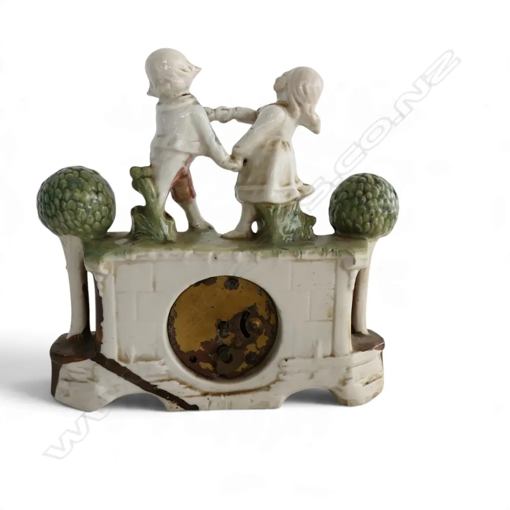 HAND PAINTED GERMAN CERAMIC MANTEL CLOCK WITH DANCING CHILDREN, 180 X 170MM Image 1++