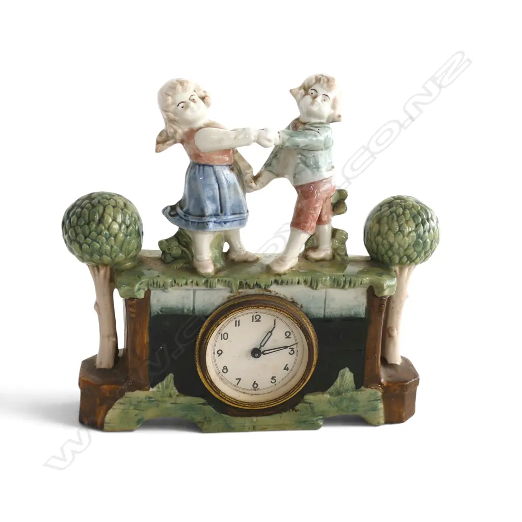 HAND PAINTED GERMAN CERAMIC MANTEL CLOCK WITH DANCING CHILDREN, 180 X 170MM Image 1++