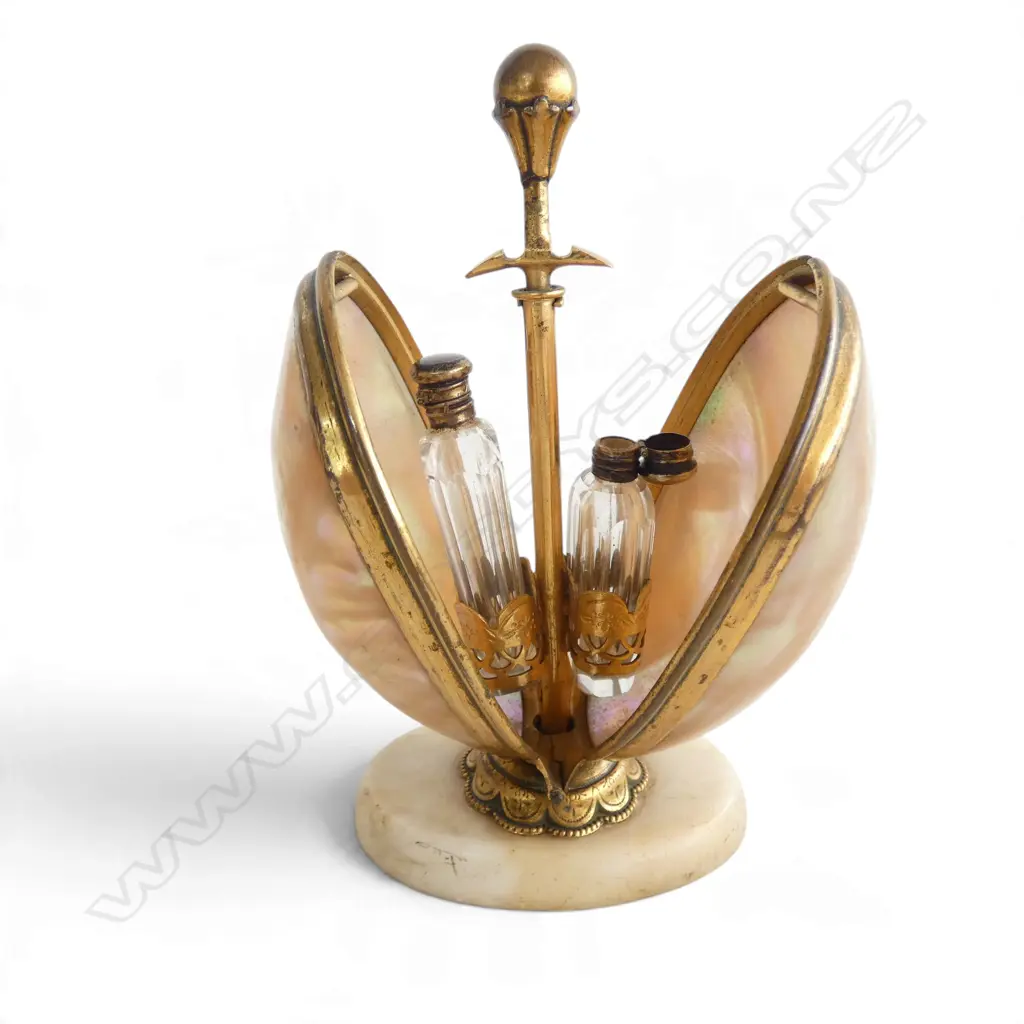 19th CENTURY FRENCH MOTHER OF PEARL & GILT MECHANICAL EGG SCENT CADDY w. 2 PERFUMES, H.135mm Image 1++