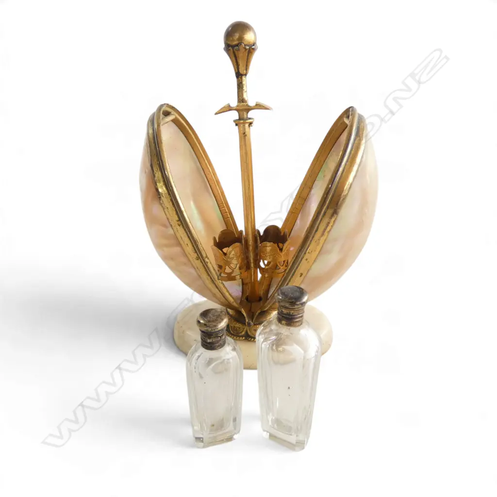 19th CENTURY FRENCH MOTHER OF PEARL & GILT MECHANICAL EGG SCENT CADDY w. 2 PERFUMES, H.135mm Image 1++
