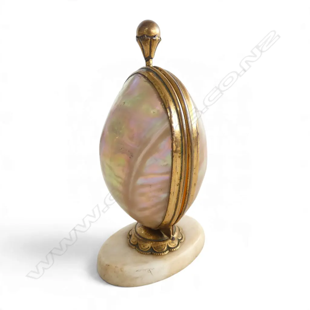 19th CENTURY FRENCH MOTHER OF PEARL & GILT MECHANICAL EGG SCENT CADDY w. 2 PERFUMES, H.135mm Image 1++