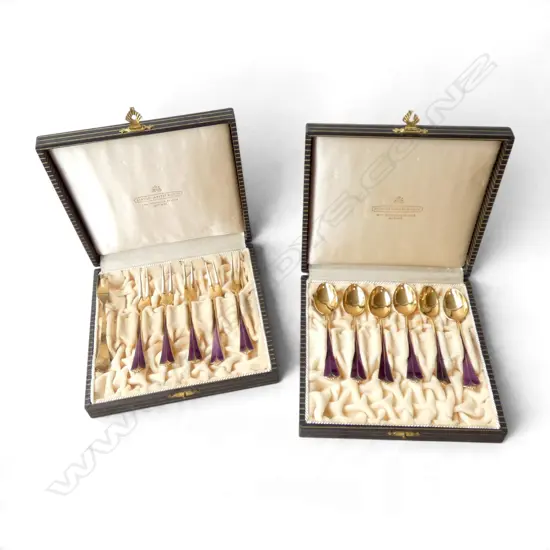 2 CASED SETS OF 6 DANISH UTENSILS;  GILDED STG SILVER & ENAMEL