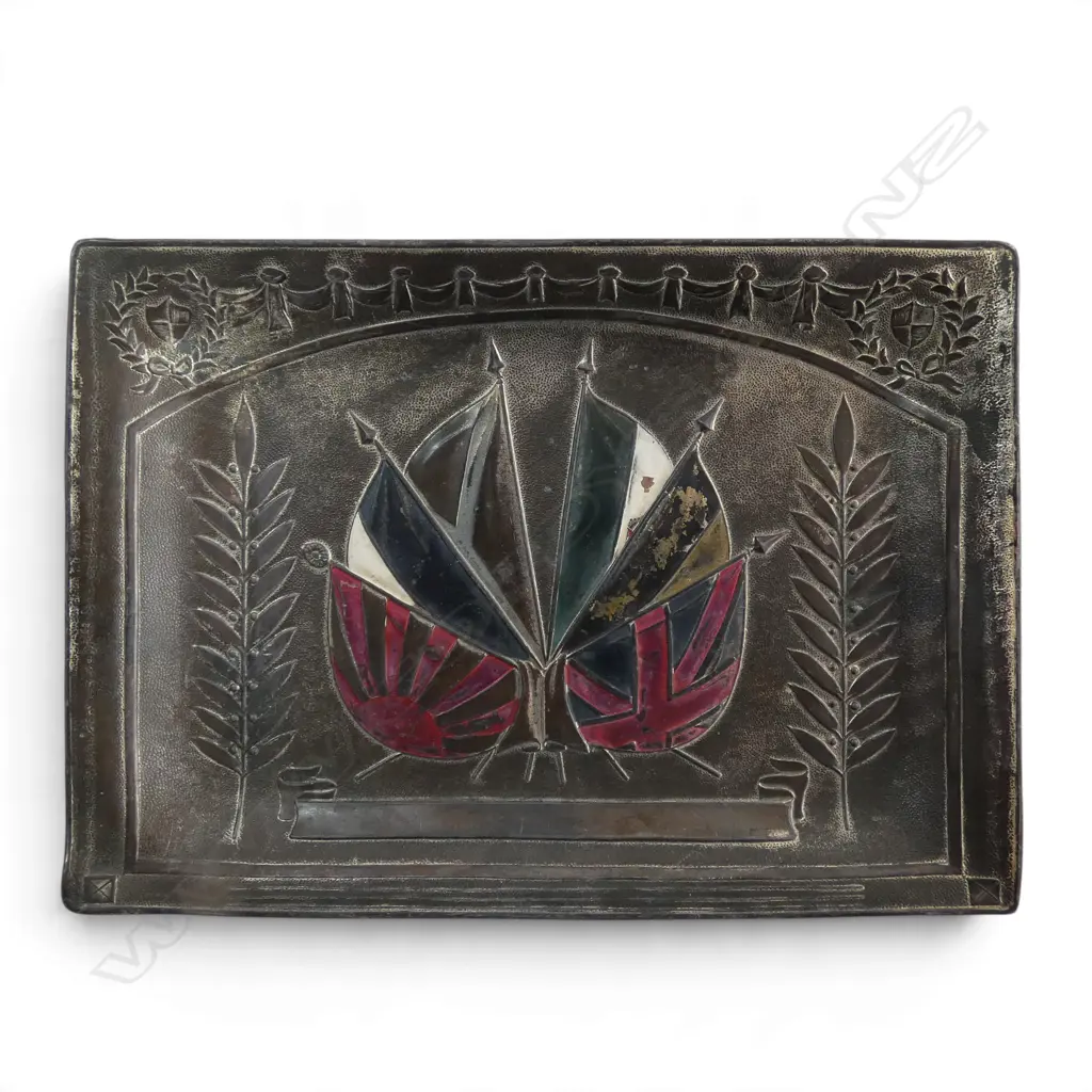 EARLY 20thC SILVER PLATE TRAY with enamelled flags representing the Anglo-Japanese Alliance. Signed 1902. 150 x 110mm Image 1++