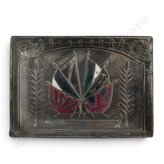 EARLY 20thC SILVER PLATE TRAY with enamelled flags representing the Anglo-Japanese Alliance. Signed 1902. 150 x 110mm