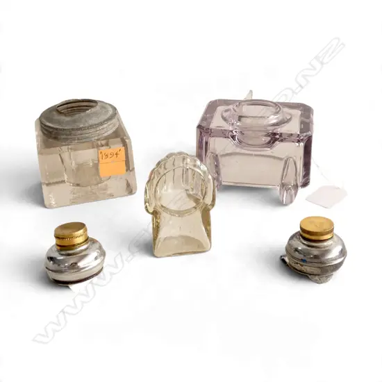 5 ITEMS - 2 ARTIST'S PAINT WELLS, 1894 GLASS INKWELL, DECO GLASS INK/PEN STAND, & BIRD FEEDER