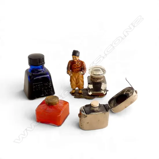 3 INKWELLS - DUTCH MAN, TRAVELLING INKWELL, BRASS LIDDED WELL, & FIELDS STAMP INK BOTTLE, H.80mm  