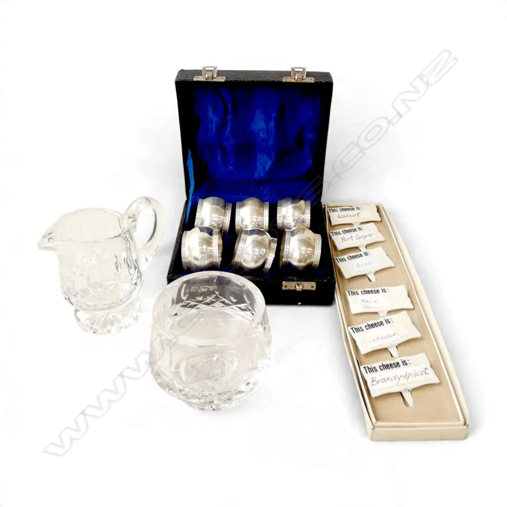 VINTAGE WATERFORD CRYSTAL MILK JUG/SUGAR BOWL, NAPKIN RINGS & CHEESE MARKERS Image 1++