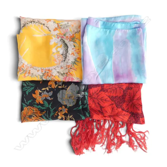 4 SILK SCARVES FLORAL, RED TASSELS ETC