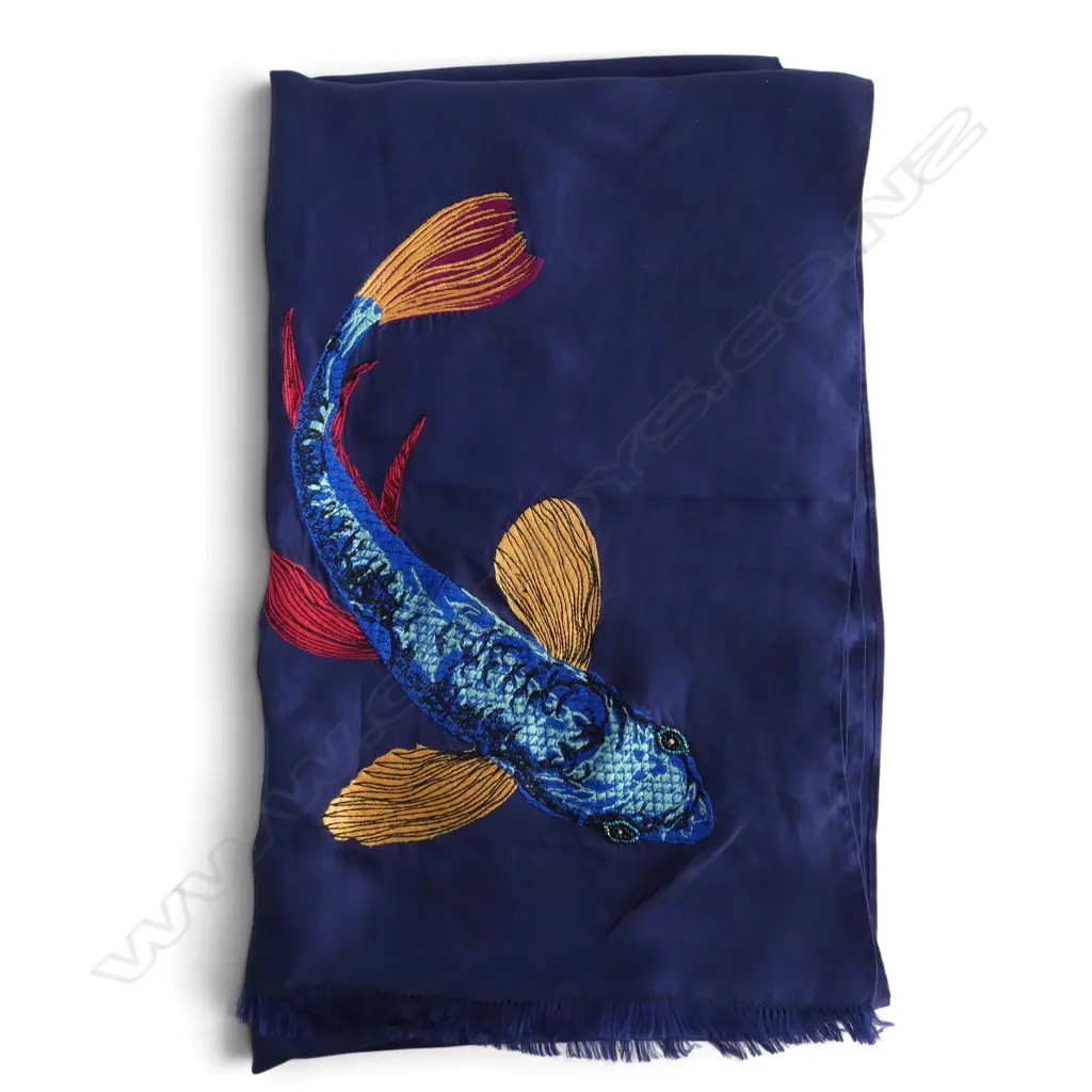 PAUL SMITH BLUE SILK FISH EMBROIDERED SCARF Image 1++