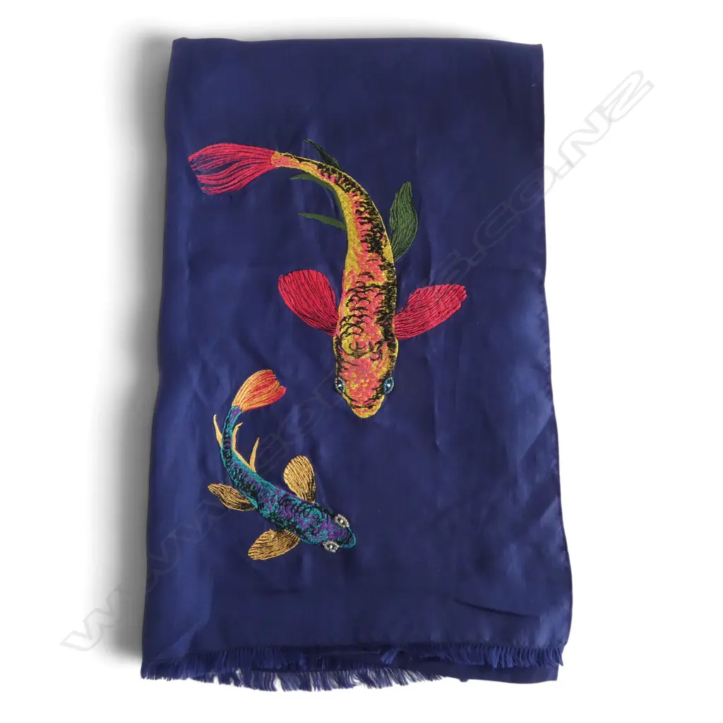 PAUL SMITH BLUE SILK FISH EMBROIDERED SCARF Image 1++