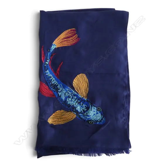 PAUL SMITH BLUE SILK FISH EMBROIDERED SCARF