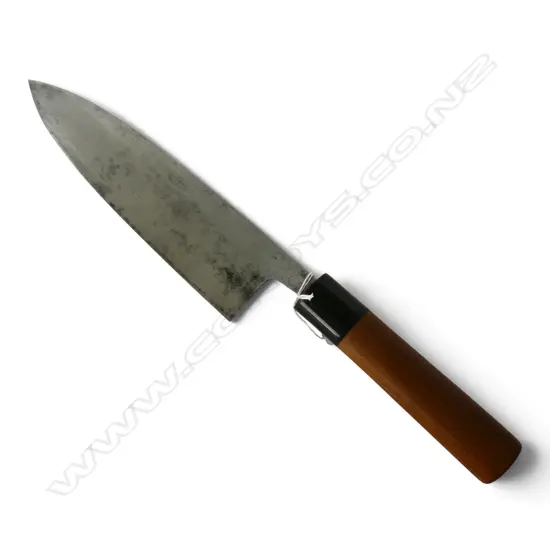 LRG 1950s QUALITY MASATSUNA CHEF'S KNIFE, carbon steel, buffalo horn & magnolia wood, signed, L.405mm, blade L.245mm