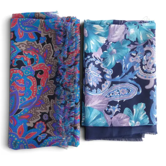2 PAISLEY SHAWLS IN BLUE, GREEN, RED, PURPLE