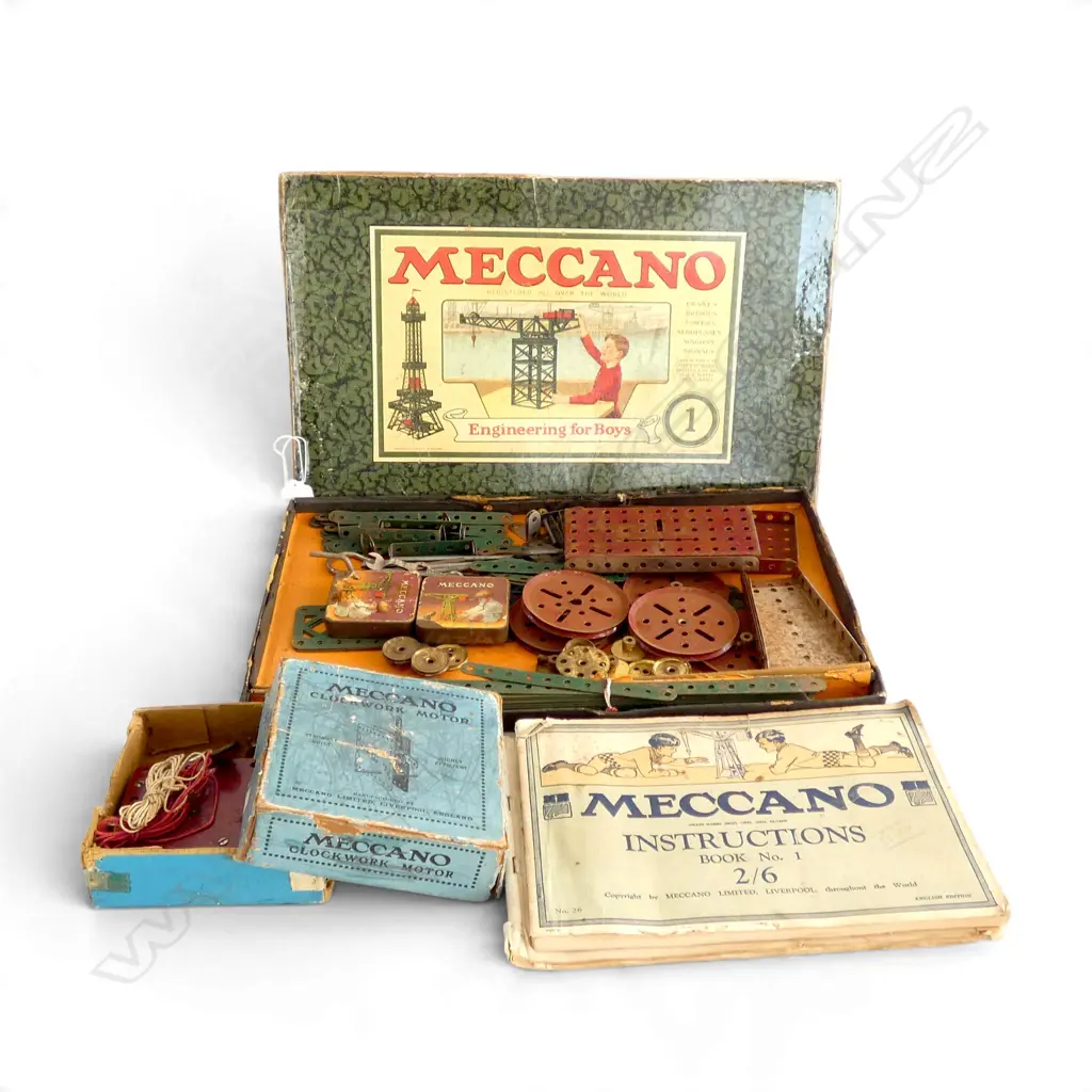 MECCANO ENGINEERING FOR BOYS IN BOX, CLOCKWORK MOTOR, & MANUAL, L.410mm Image 1++