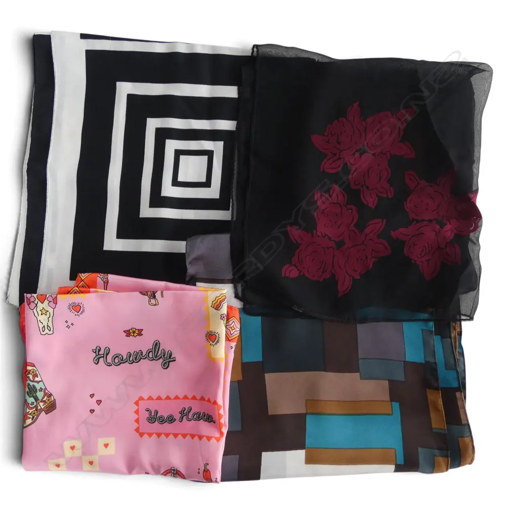 4 SCARVES; BLACK & WHITE, COWBOY, FLORAL & GEOMETRIC Image 1++