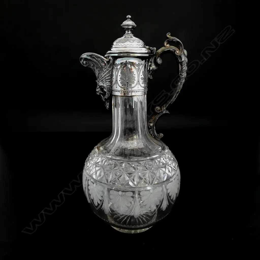 C.1890s VICTORIAN CUT CRYSTAL & SILVER PLATED CLARET JUG w. GARGOYLE SPOUT, H. 295mm Image 1++