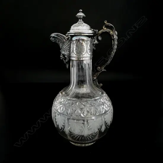 C.1890s VICTORIAN CUT CRYSTAL & SILVER PLATED CLARET JUG w. GARGOYLE SPOUT, H. 295mm