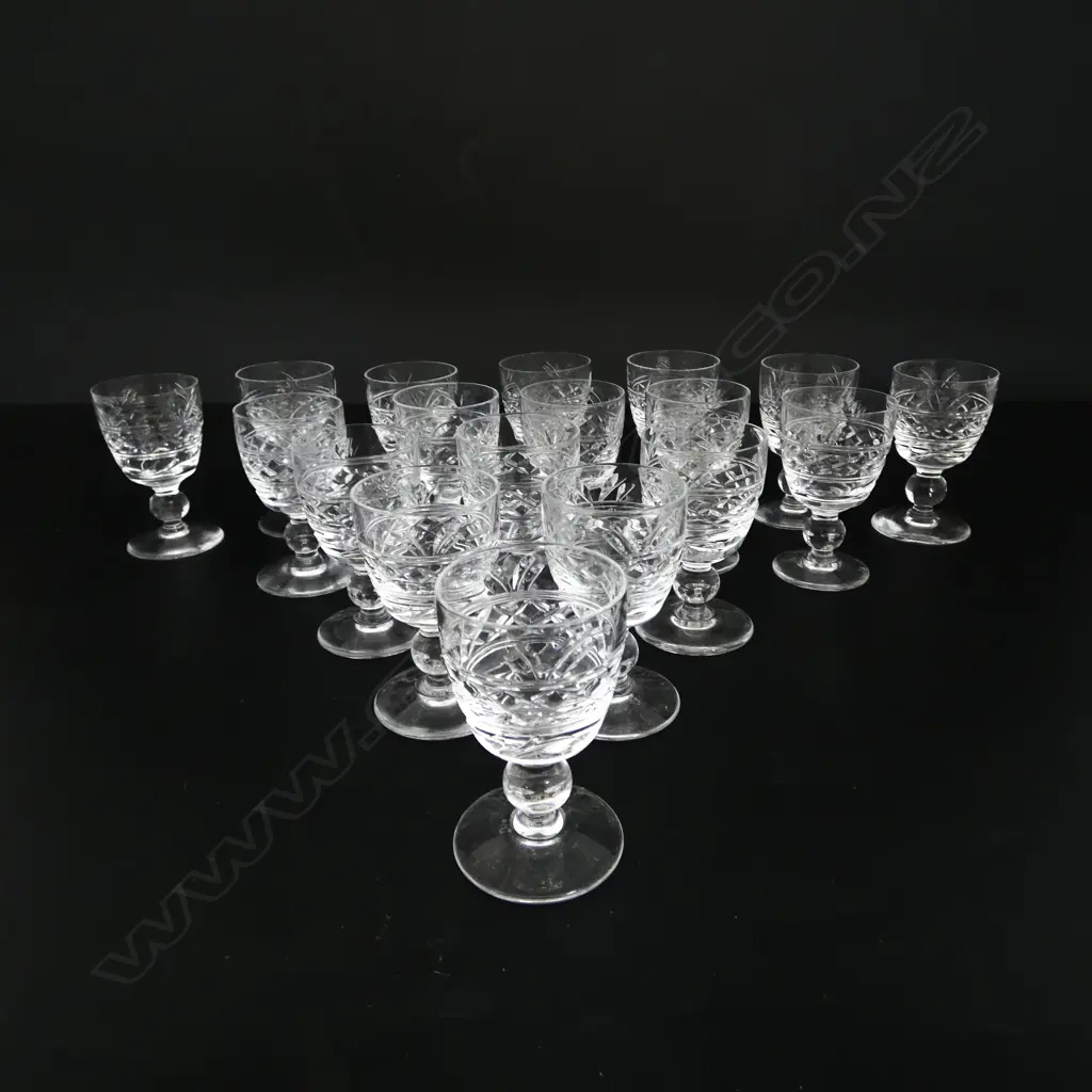 SET 18 STUART CUT CRYSTAL LIQUEUR GLASSES ‘IMPERIAL’ PATTERN, H.72mm Image 1++