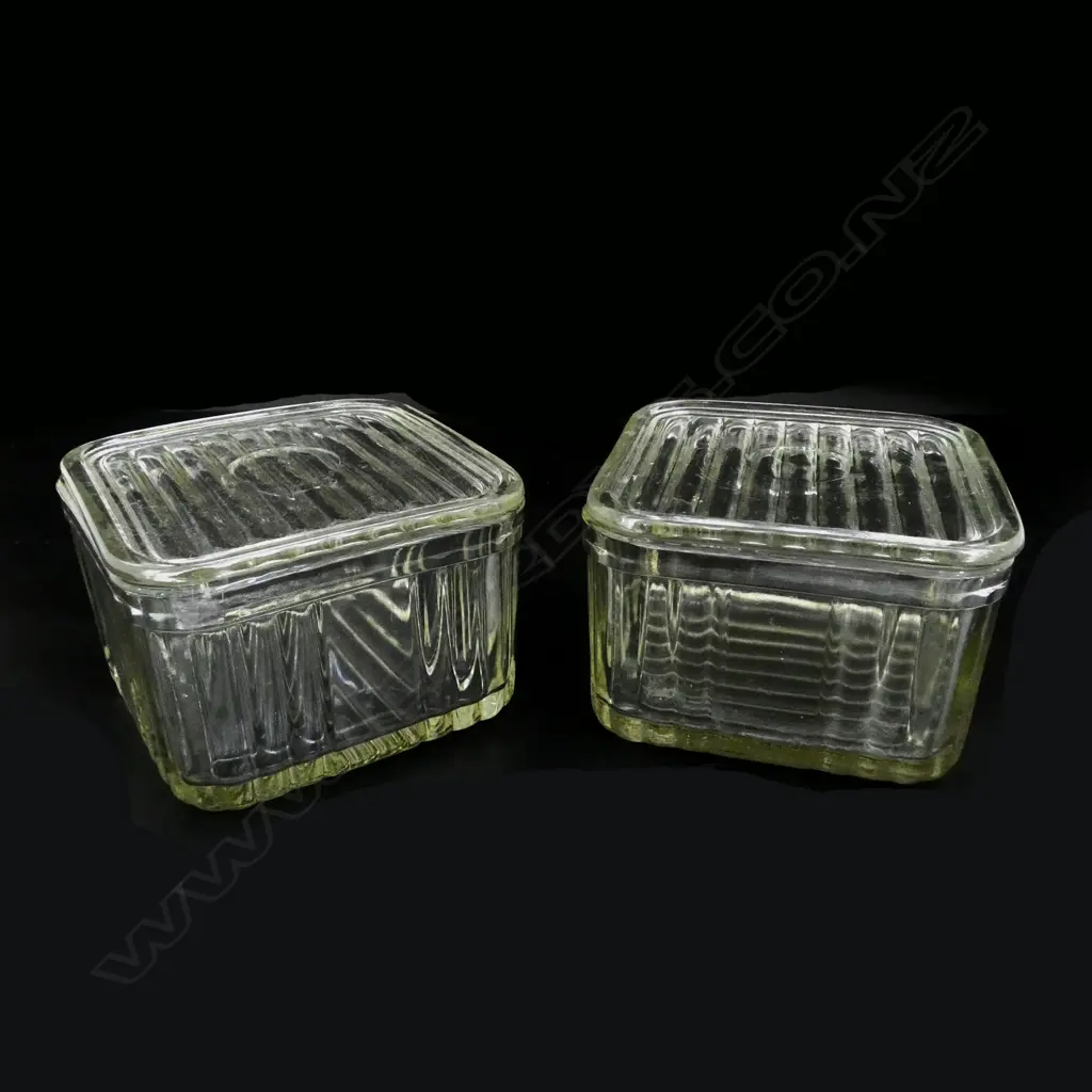 PAIR 1930’s VINTAGE  DEPRESSION GLASS SQUARE FRIDGE CONTAINERS, W.135mm D.135mm H.100mm Image 1++
