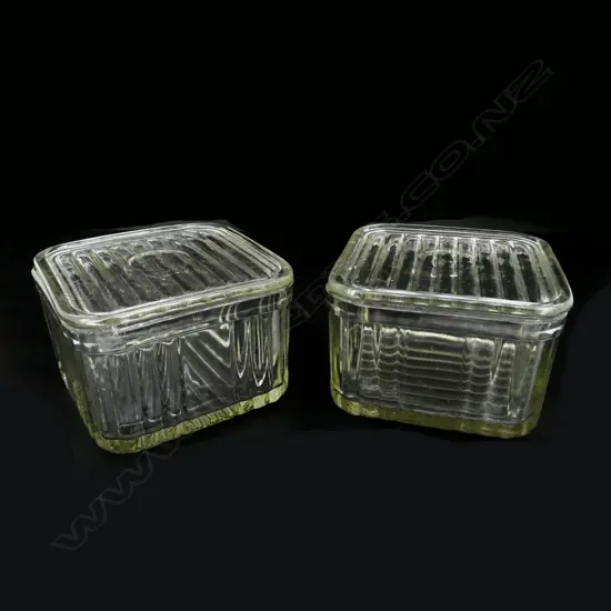PAIR 1930’s VINTAGE  DEPRESSION GLASS SQUARE FRIDGE CONTAINERS, W.135mm D.135mm H.100mm