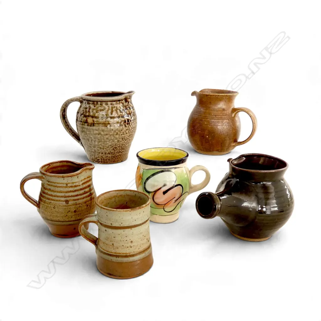 6 PCES NZ STUDIO POTTERY; HILLSIDE JUG H.125mm, STITCHBURY, CADNESS, VAN DER PUTTEN ETC minor chips Image 1++