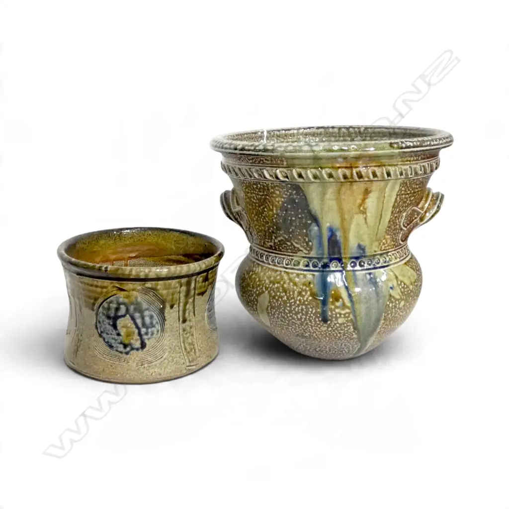 2 SALT GLAZED STUDIO POTTERY PLANTERS H.255mm Image 1++
