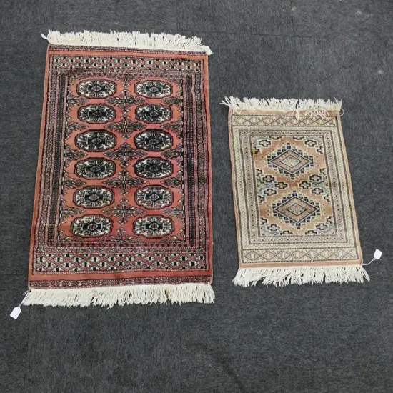 2 HAND KNOTTED WOOL PILE RUGS (LARGER w. MARKS) 960x630mm