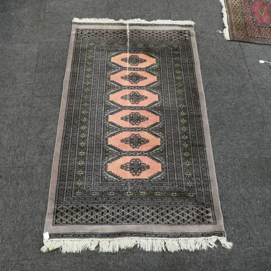 HAND KNOTTED WOOL PILE RUG (GREY AND PINK TONES)  1640 X 940MM (FAULTS)