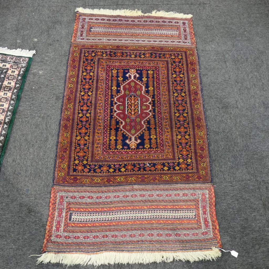 VINTAGE AFGHAN TRIBAL BALUCHI ALL WOOL RUG with wide kelim fringe. 1700 x 940mm Image 1++