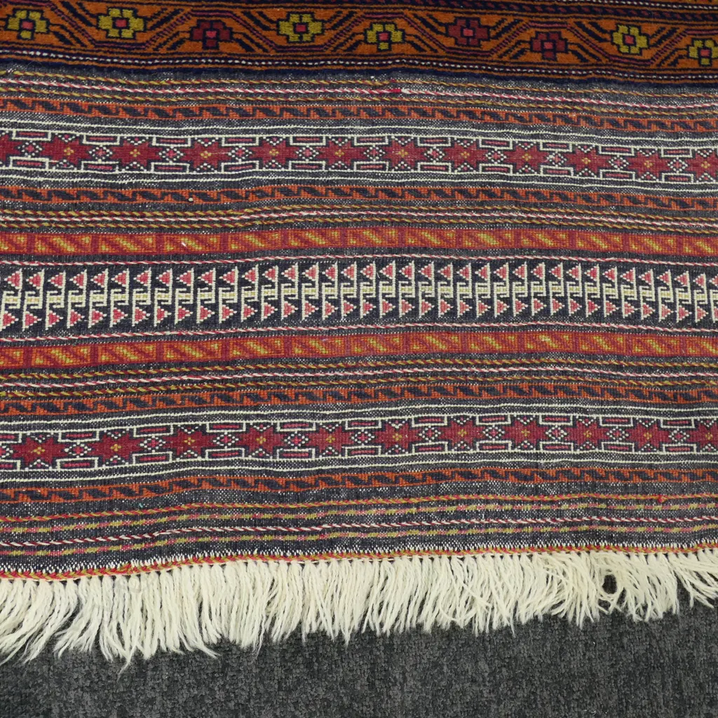 VINTAGE AFGHAN TRIBAL BALUCHI ALL WOOL RUG with wide kelim fringe. 1700 x 940mm Image 1++