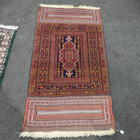 VINTAGE AFGHAN TRIBAL BALUCHI ALL WOOL RUG with wide kelim fringe. 1700 x 940mm