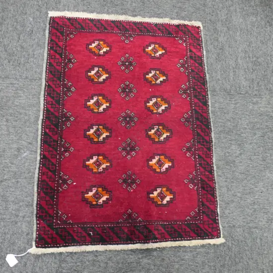 HAND KNOTTED WOOL PILE RUG (RED TONES)  880 X 610MM