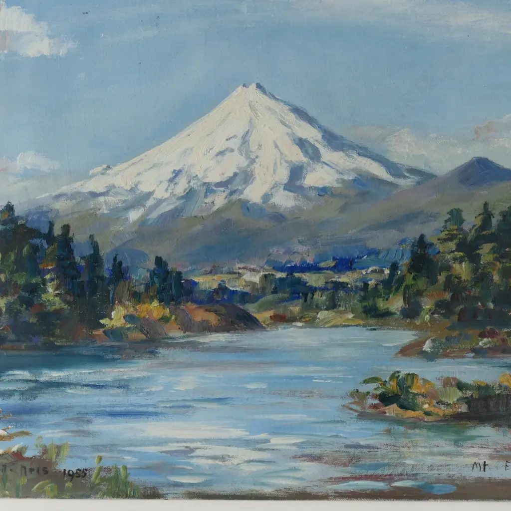 BERNARD ARIS, 'MT EGMONT, NEW PLYMOUTH', OIL ON CANVASBOARD, SIGNED AND DATED 1955, 255 X 350MM Image 1++