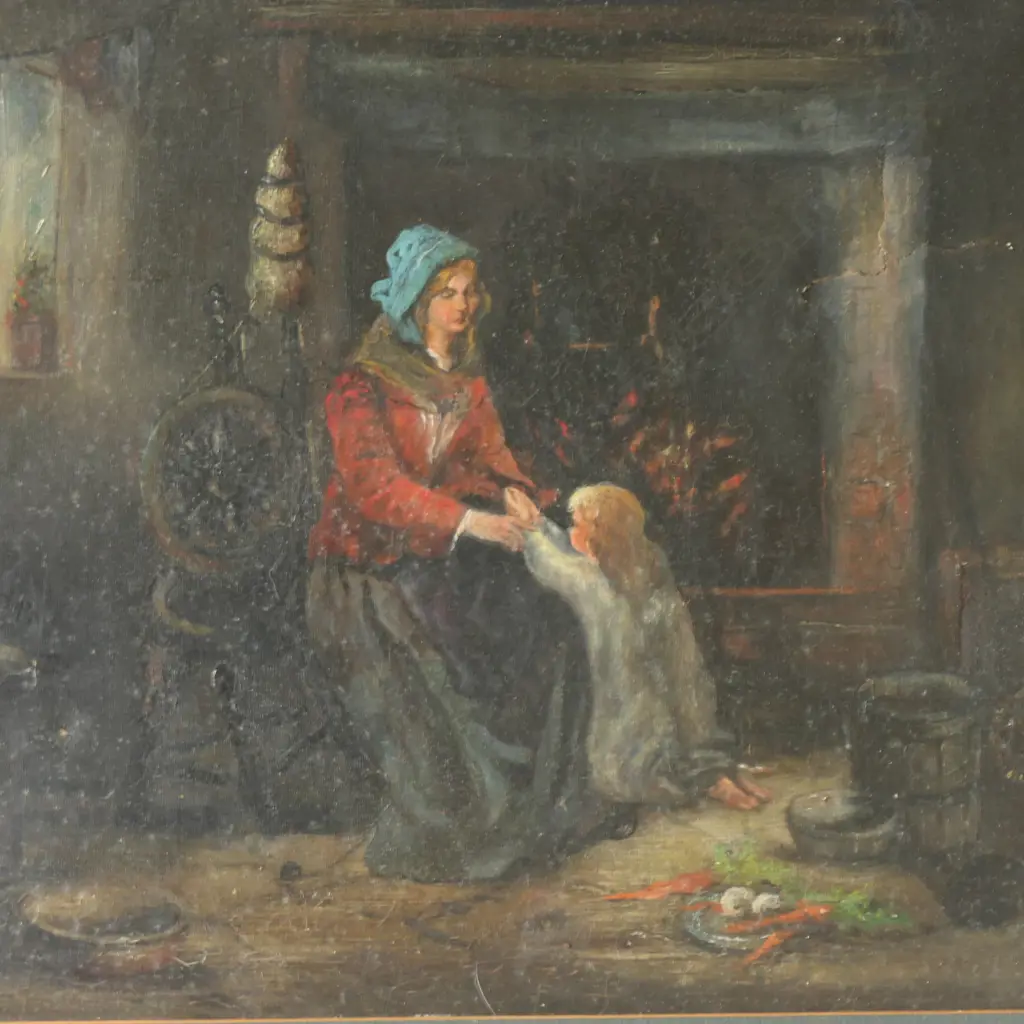 19TH CENTURY ARTIST UNKNOWN, COTTAGE INTERIOR, OIL ON CANVAS, 330 X 425MM FRAMED UNDER GLASS(TEARS TO CANVAS) Image 1++