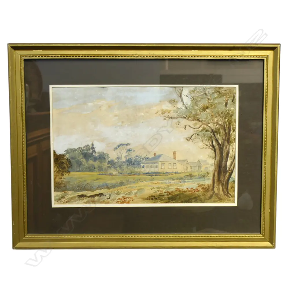 19thC LANDSCAPE w. VILLA, POSSIBLY TASMANIA, SIGNED T (OR P?) BALL 1882, WC 260x410mm minor foxing Image 1++