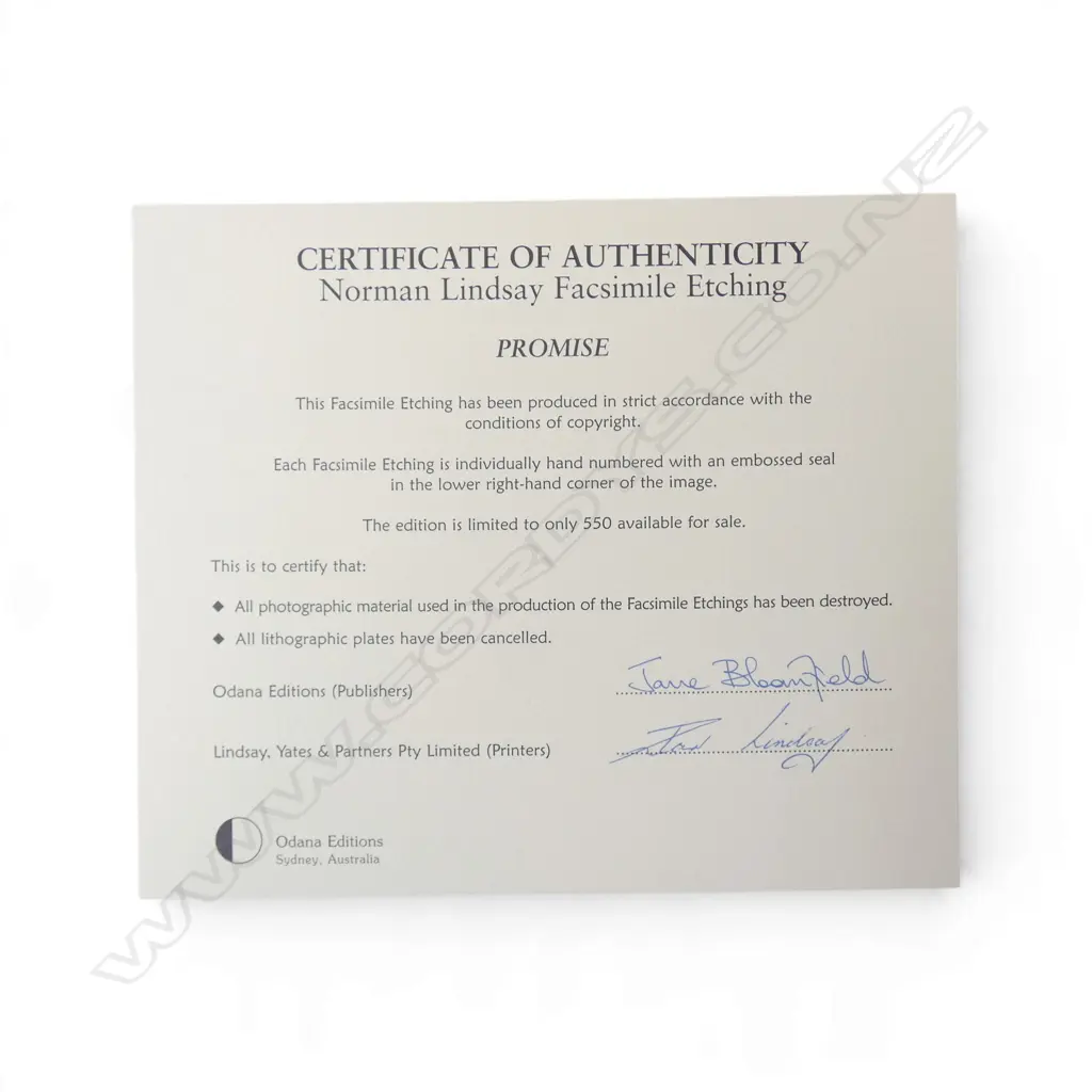 NORMAN LINDSAY FACSIMILE ETCHING 'PROMISE' (with authentication certificate) Image 1++